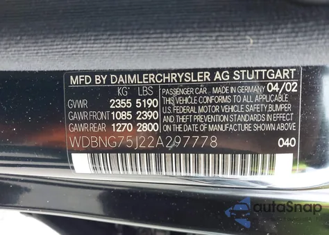 2002 Mercedes-Benz S 500 from USA, damaged, VIN WDBNG75J22A297778